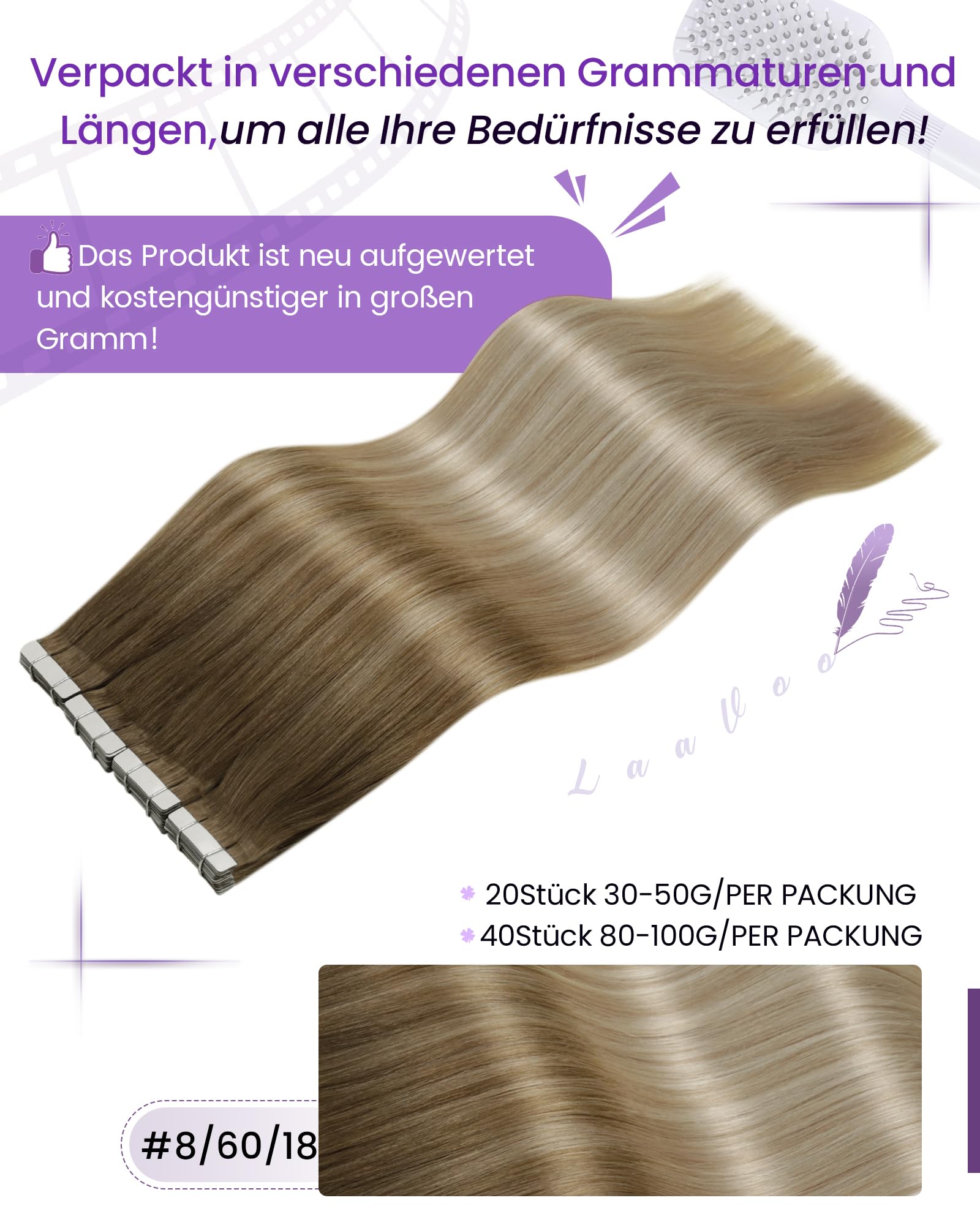 LaaVoo Tape in Extensions Echthaar Ombre Blond Echthaar Extensions Tape Balayage Hellbraun zu Ashblond Platinblond Remy Tapes Extensions Echthaar 20pcs #8/18/60 30g 30cm