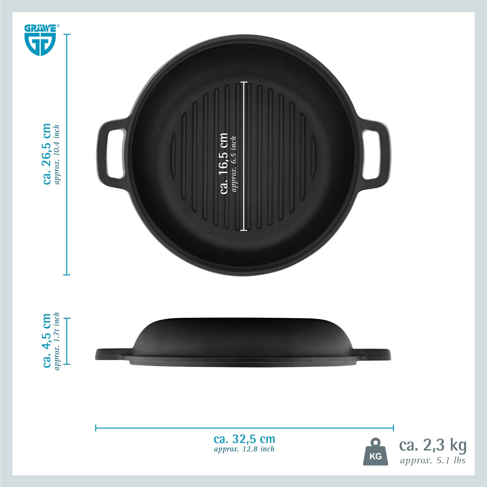 GRÄWE Dutch Oven CI 350 Ø 26 cm – Gusseisen Brat- & Kochtopf 2-in-1 mit Deckel, Induktion & Backofen geeignet, Schmortopf & Bräter für Outdoor & Küche, 5QT, 4,7 Liter
