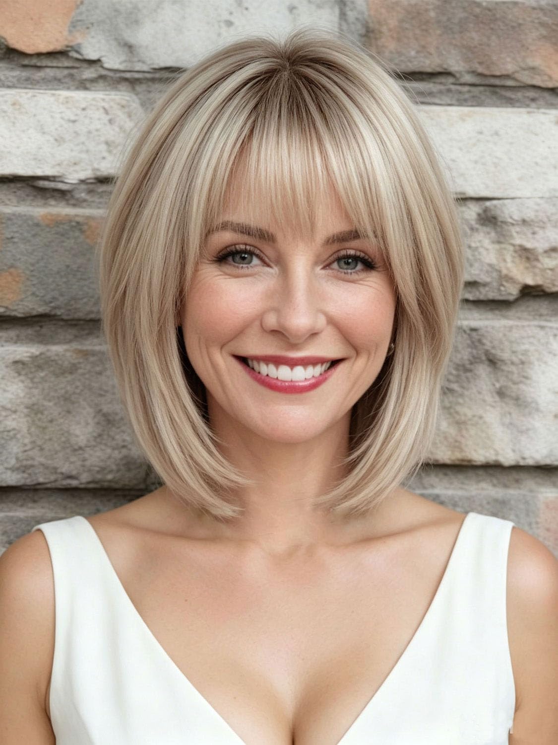 Perruque Femme Naturelle Perruque Bob Dégradée Court avec Frange Volume et Style pour Quinquagénaires Grand-mère Couvre Cheveux Blancs Perruques Synthétique Naturels Blond Clair Ombré