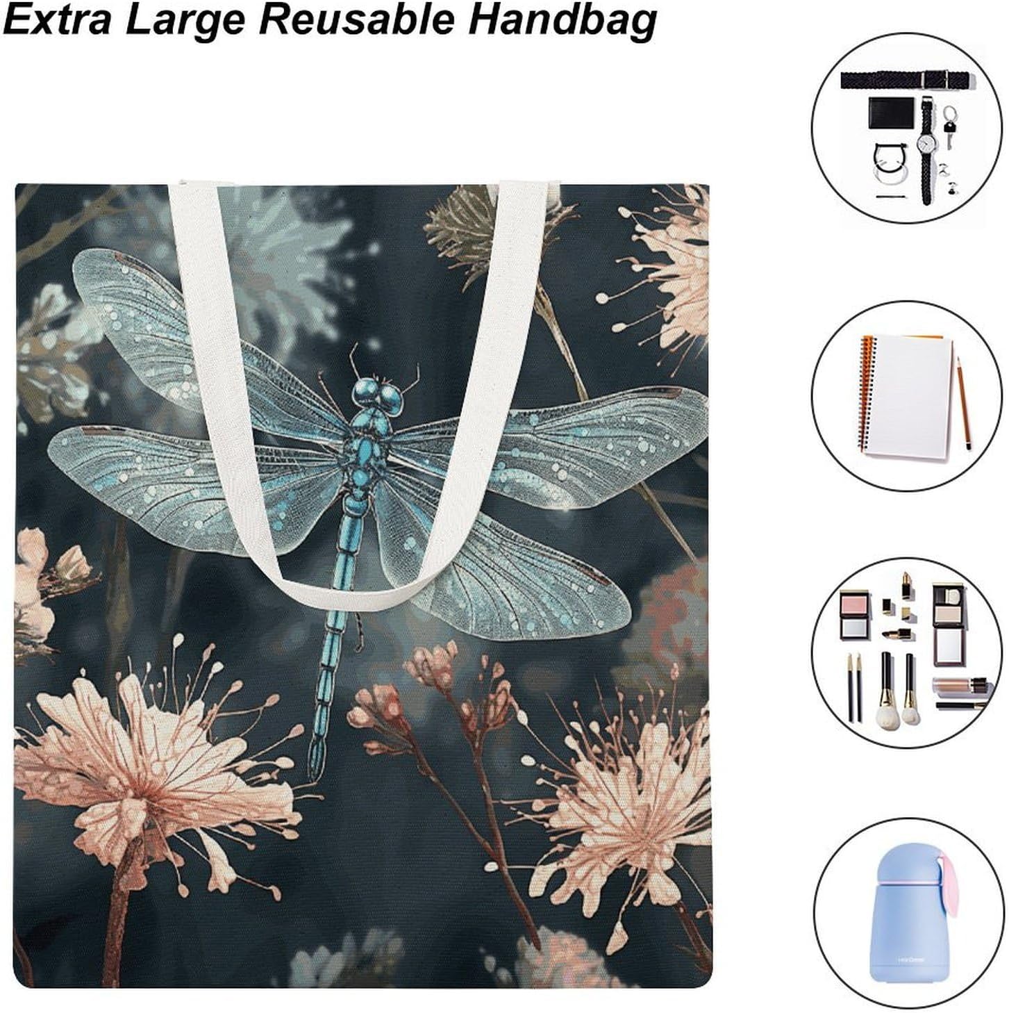 Dragonfly Flower Canvas Tote Bag Reusable Grocery Bags Foldable Soft Cotton Shoulder Carry Bag