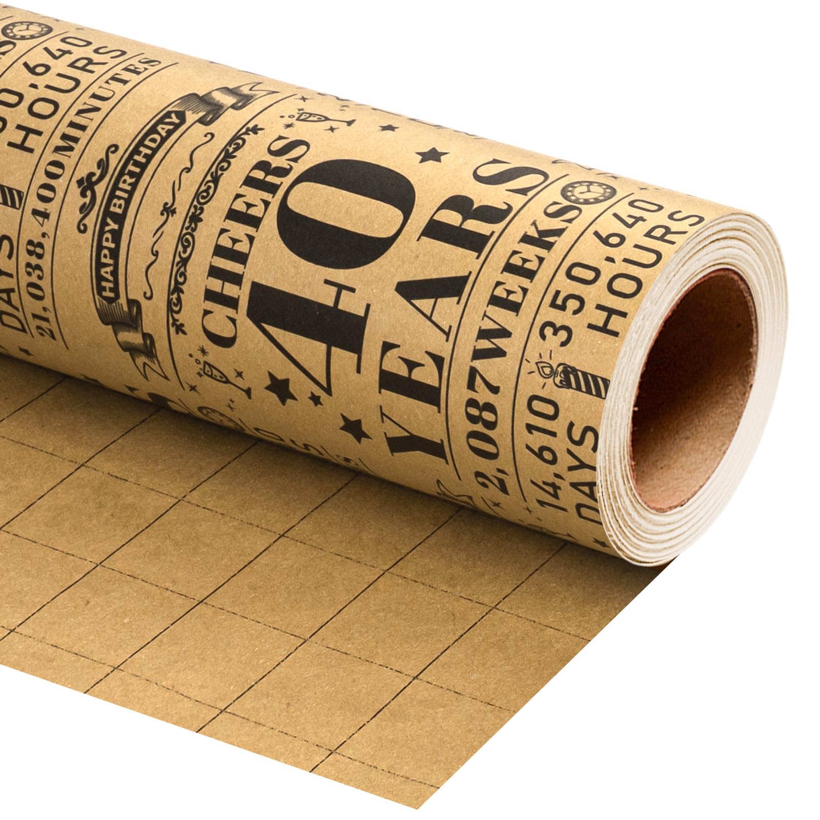 Wikadlik Vintage 40th Birthday Wrapping Paper - 43cm x 5m Mini Roll Retro Newspaper Style Gift Kraft Wrap for Birthday Party Celebrations