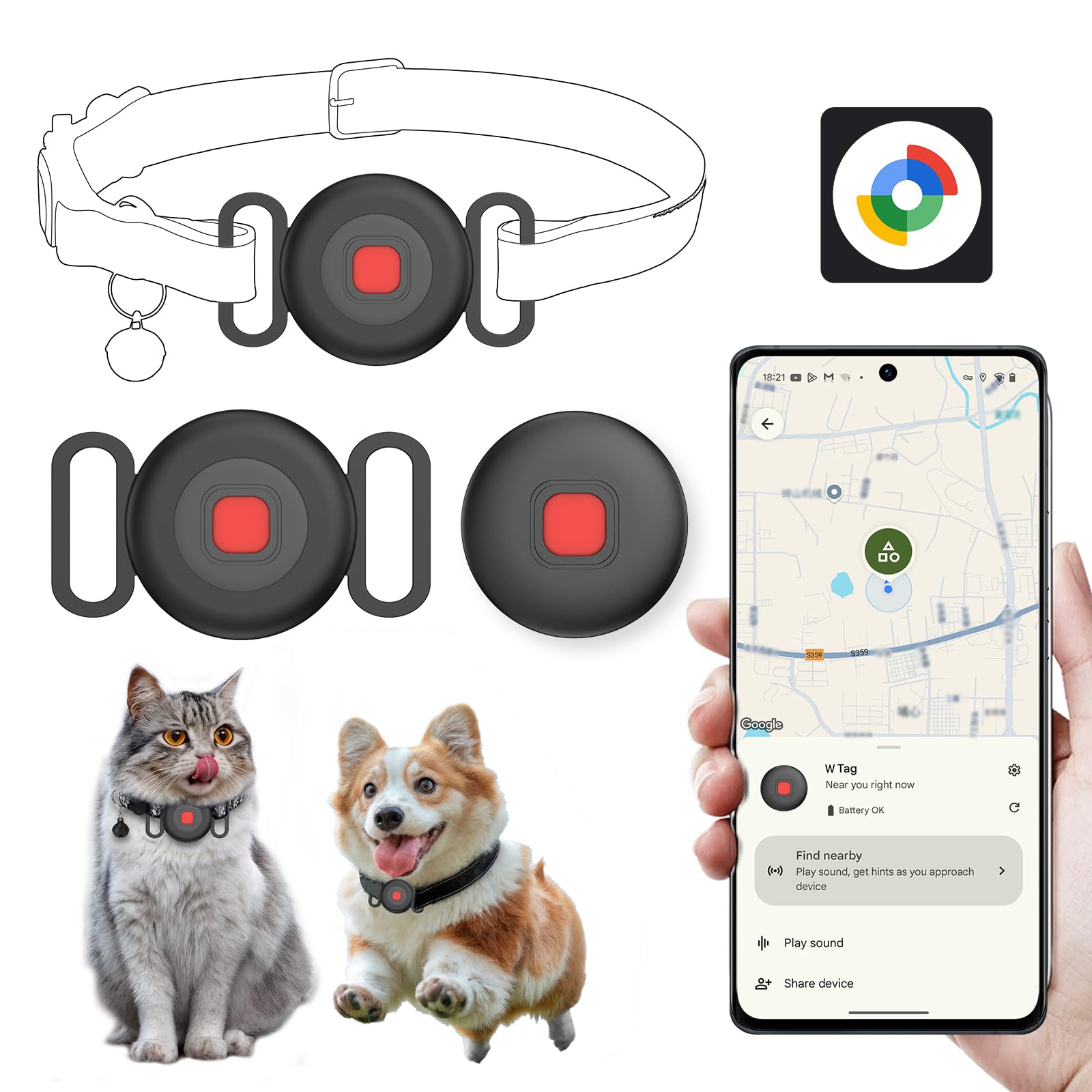 Spedal Cat Tracker Collar, Anti-Lost Pet Tracker for Dogs,Works with Google Find Hub(Android Only), Dog Tracker with No Monthly Fees Long Battery Life Waterproof Black (2 Pack)