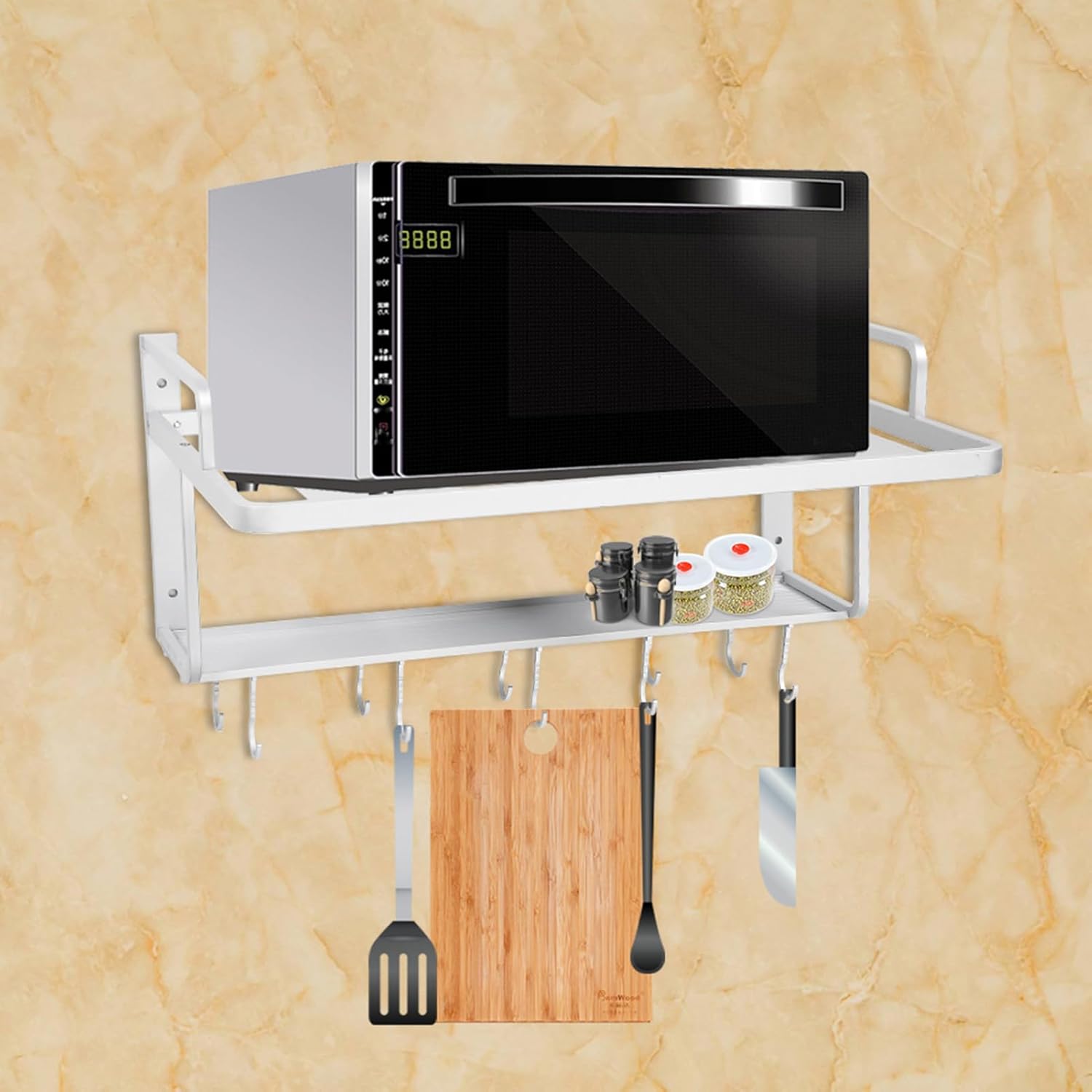 Space Aluminum Wall Mount Microwave Oven Rack, Double Layer Kitchen Storage Shelf Organizer, Hanging Storage Solution