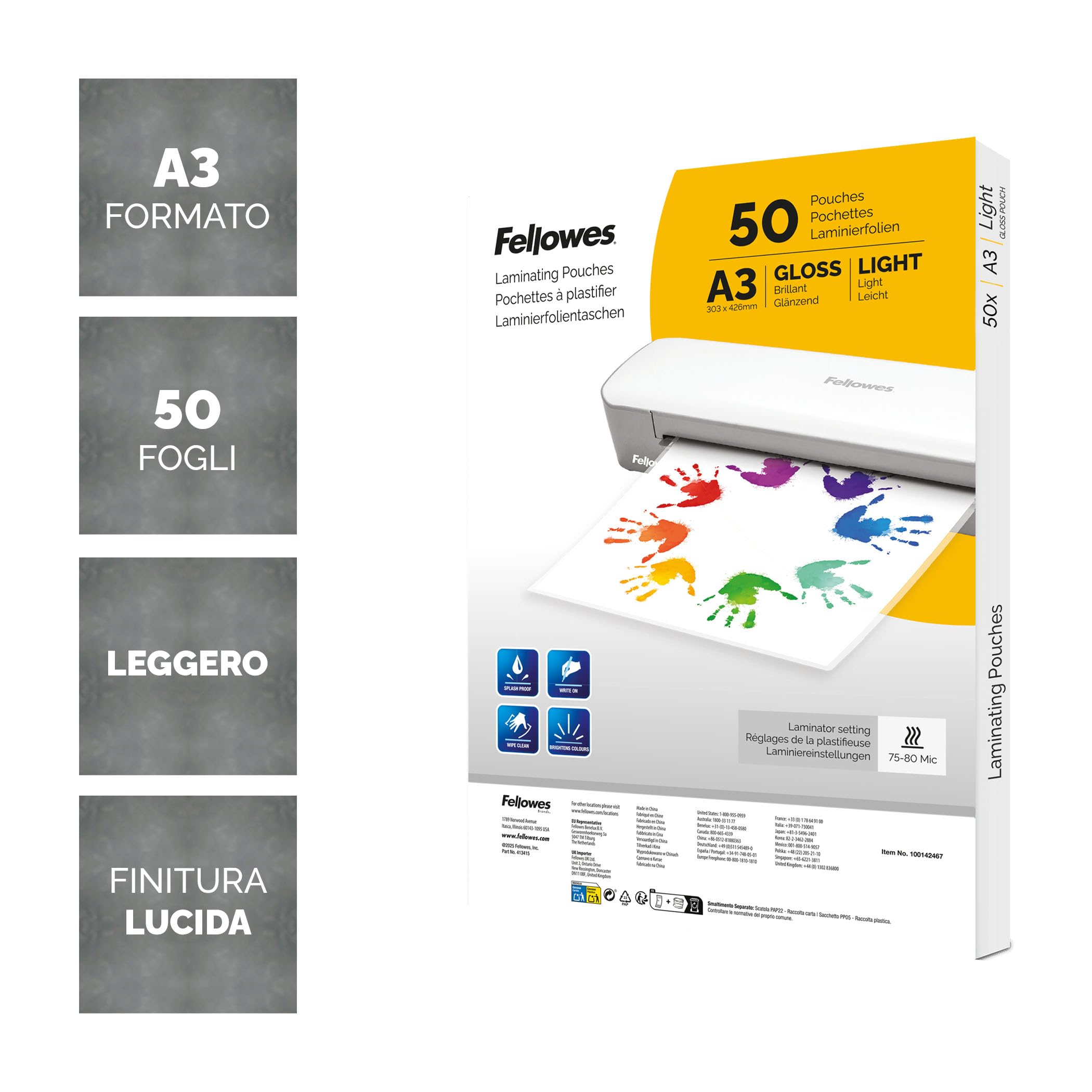 Fellowes Fogli per Plastificazione A3 Lucide 50 Pezzi Resistenti per Poster Documenti