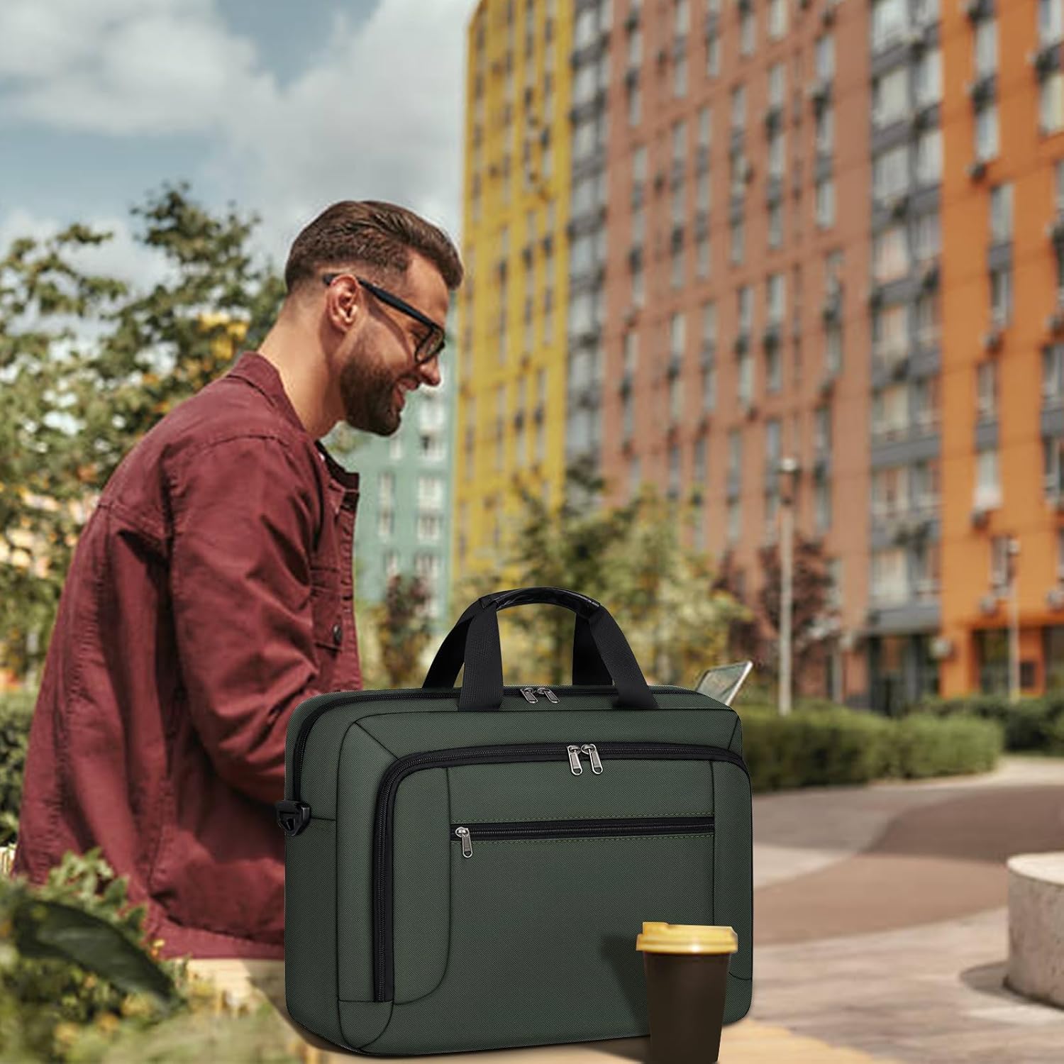 Laptop Bag 17.3 Inch Laptop Briefcase Large Waterproof Laptop Case for Men Women Business Office Work Computer Bag 17 Inch Adjustable Shoulder Messenger Bag, Green