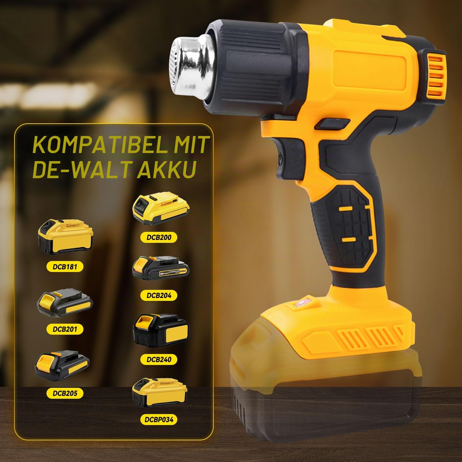 Akku-Heißluftpistole für Dewalt 20V Akku, 50℃-550℃ Heißluftpistole mit Digitalanzeige, Schnellheizung Kabellose Heißluftpistole, Einstellbare Temperatur und Luftstrom mit 5 Düsen