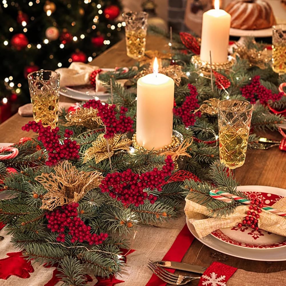 Christmas Berry Stems Xmas, Holly Tree Picks, Berries Branches Decoration, Flower Arrangement, 22cm