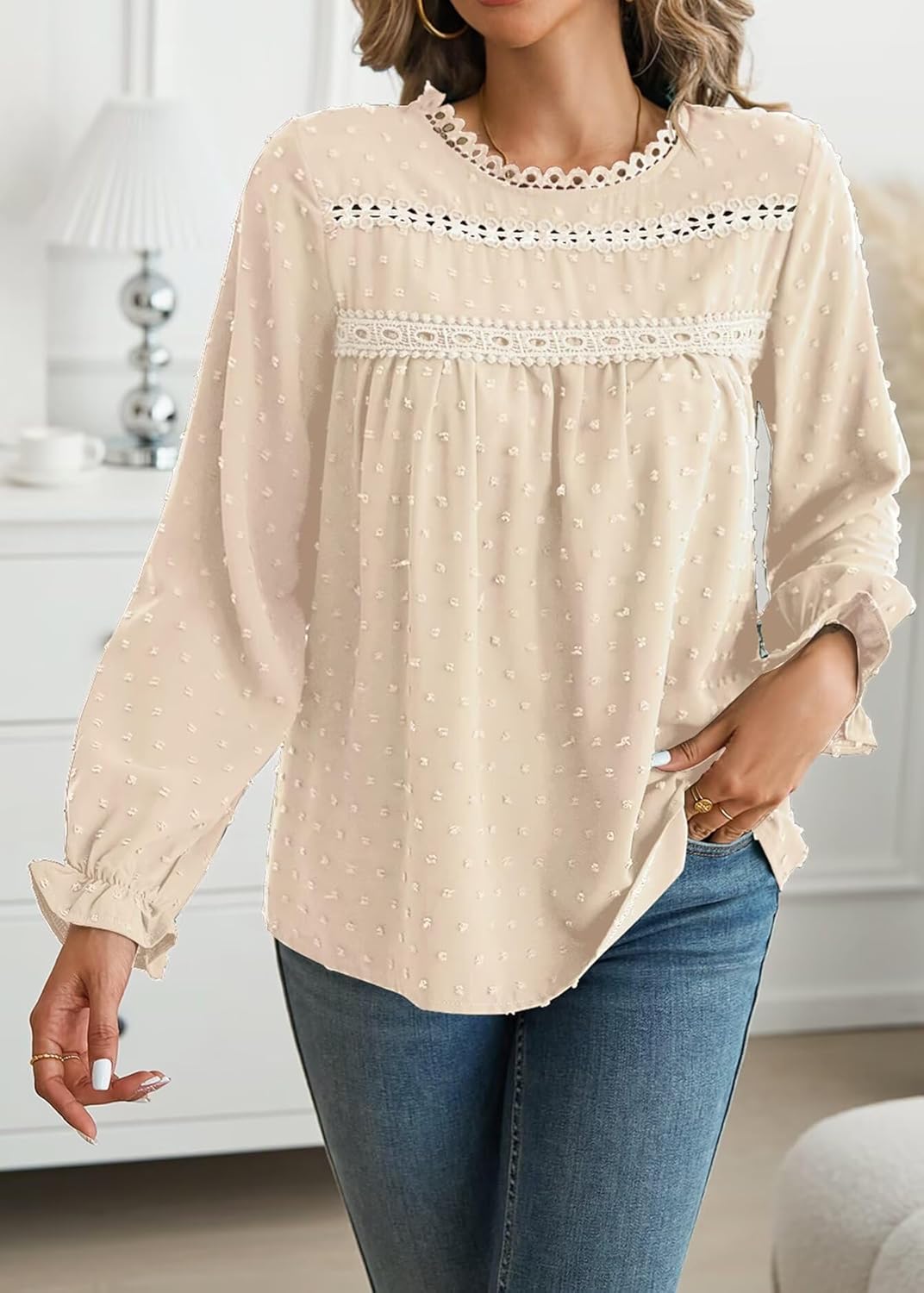 Womens Boho Tops Long Sleeve Shirts For Women Cute Crewneck Blouse Dressy Casual Swiss Dot Crochet Hollow Top 2026 - Image 2