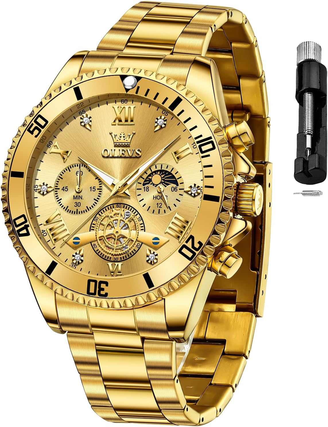 OLEVS Watches for Men Luxury Dress Diamond Day Date Chronograph Watch Stainless Steel Business Waterproof Luminous Gift Mens Wrist Watch