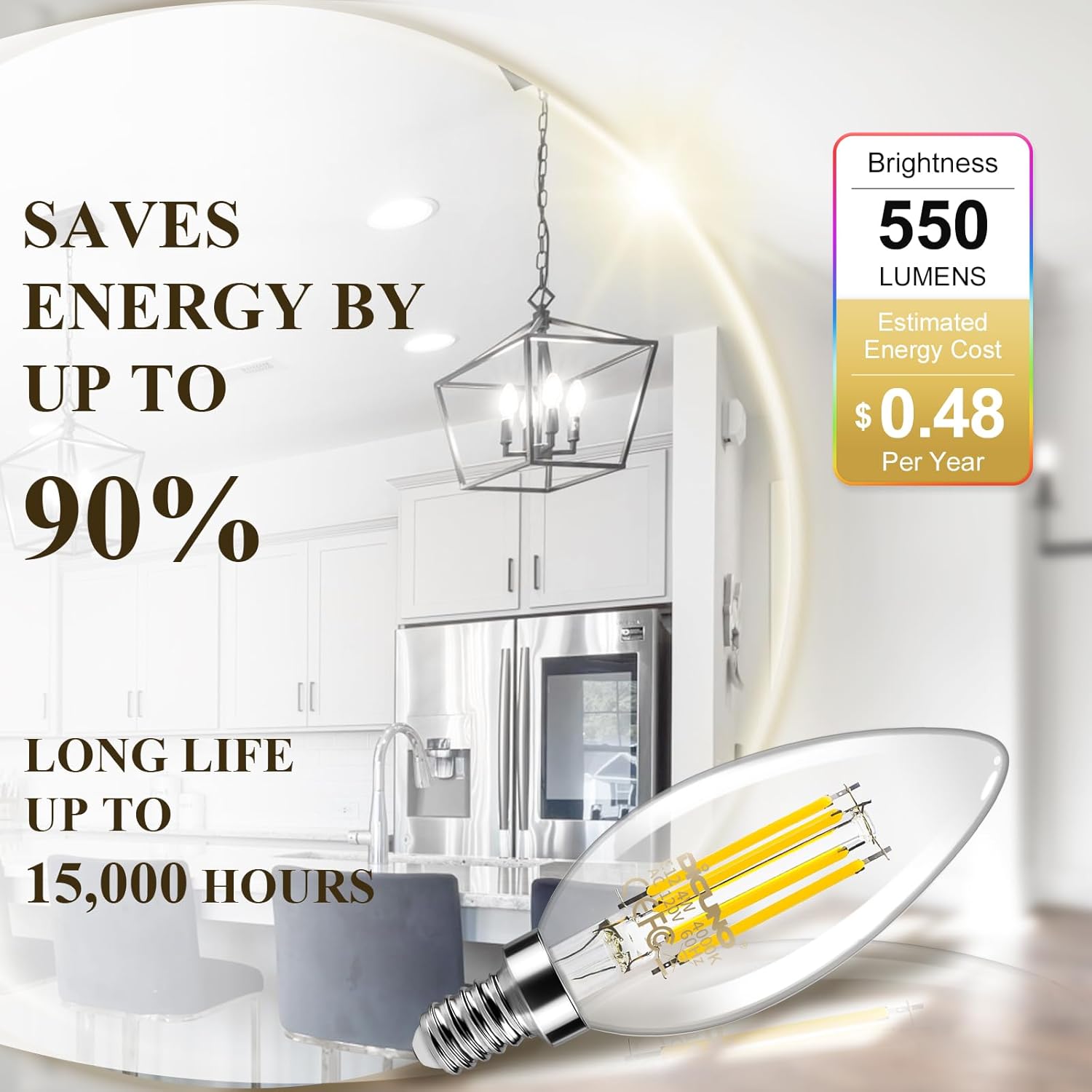 DiCUNO E12 Candelabra LED Bulb 40 Watt Equivalent, 550Lumen, Daylight White 5000K, 4W B11 Clear LED Filament Candle Light, Non-dimmable, Edison Bulb for Ceiling Fan, Chandelie Lightr, Pack of 6