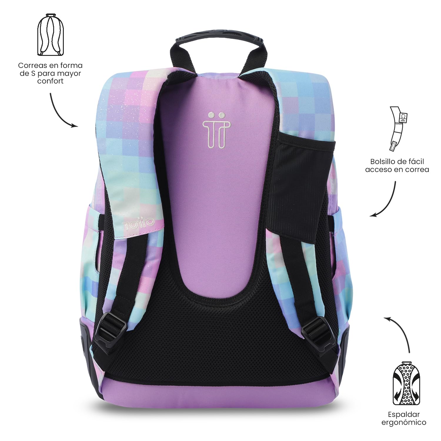 TOTTO - Mochila Escolar Grande, Modelo Rayol Glitter, Capacidad 19 L, 3 Compartimentos, 2 Bolsillos Botella, Bolsillo PC 14", Espaldar Ergonómico con Flujo de Aire, Correas en S, Estampado Pixelly