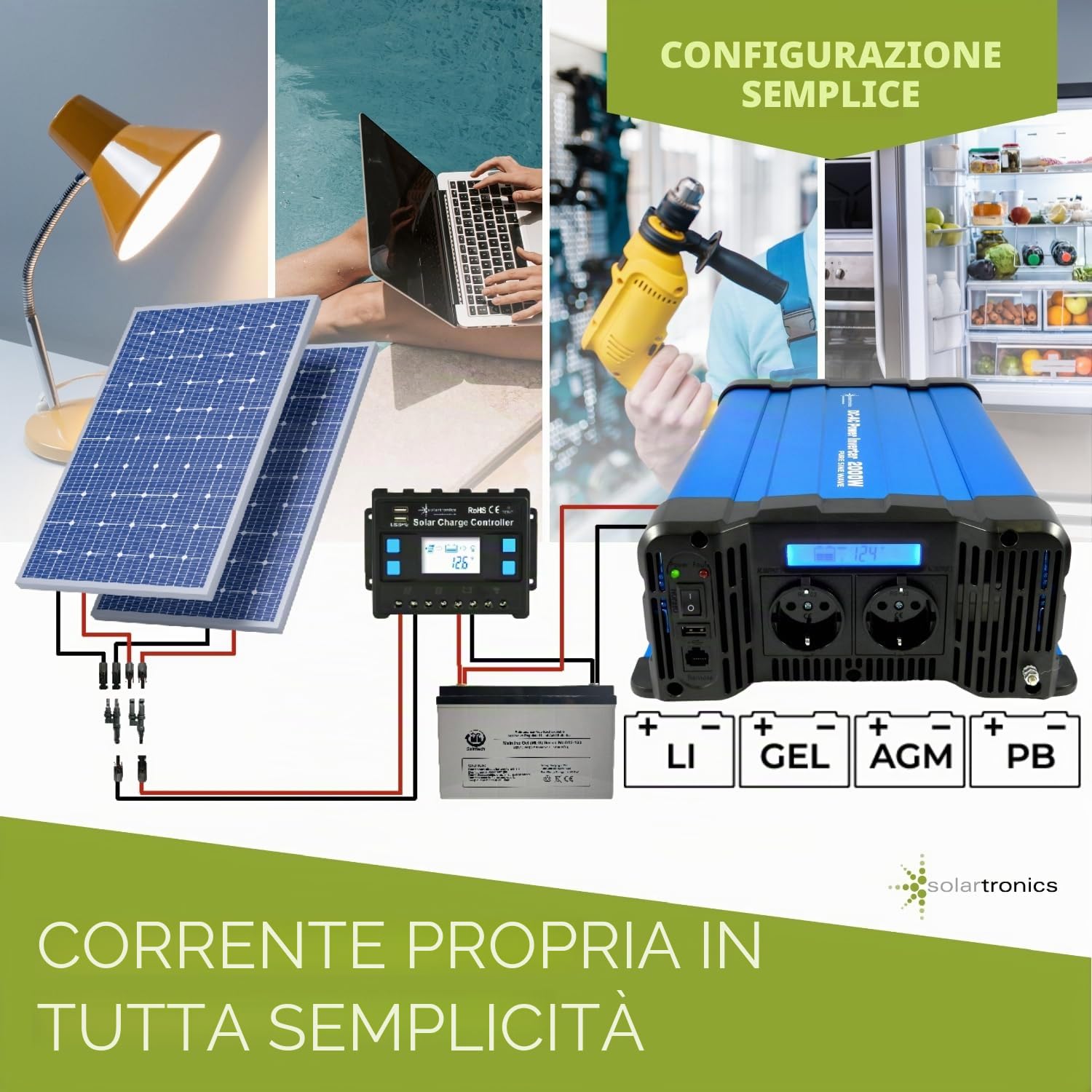Solartronics Convertitore di Tensione FS2000D 12V 2000/4000 Watt Onda Sinusoidale Pura Blu M.Schermo FS Serie Inverter