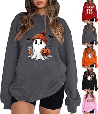 Halloween Sweatshirts for Women Ghost Oversized Crewneck Sweatshirt Cute Pumpkin Graphic Hoodies Fleece Pullover