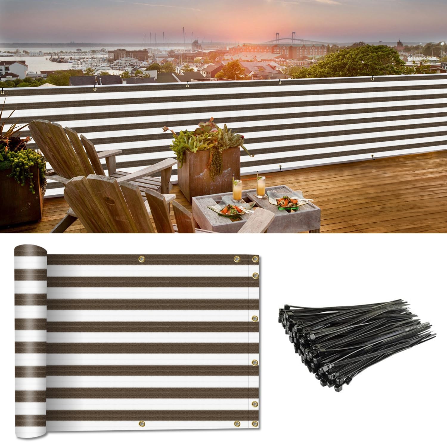 Coarbor 3'x30' Balcony Privacy Fence Screen Mesh Balcony Cover for Balcony Porch Verandah Deck Terrace Patio Backyard Railing 160GSM Up to 90% Blockage Brown White Strip