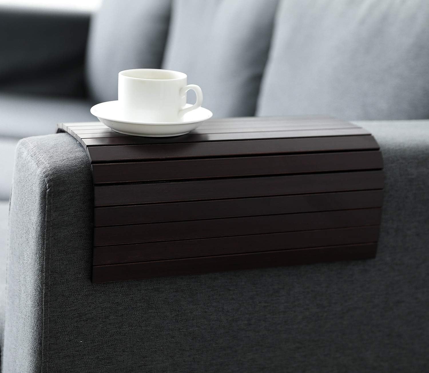 GEHE Sofa Arm Tray Table Flexible/Foldable Couch Arm Tray Armrest Table Perfect for Drink Snacks Great Arm Table for Couch Armrest (16.5" L x 13.25" W x 0.4" H, Mahogany)