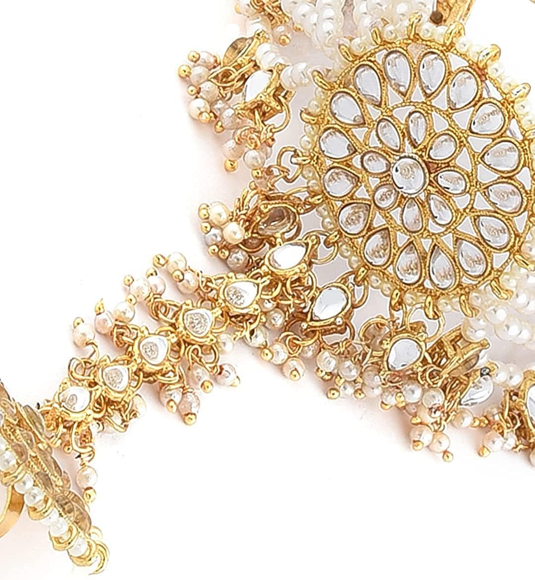 I Jewels 18k Gold Plated Indian Wedding Bollywood Embellish with Kundan & Pearl Adjustable Haath Phool/Panja Bracelet for Women (PIJ029W)