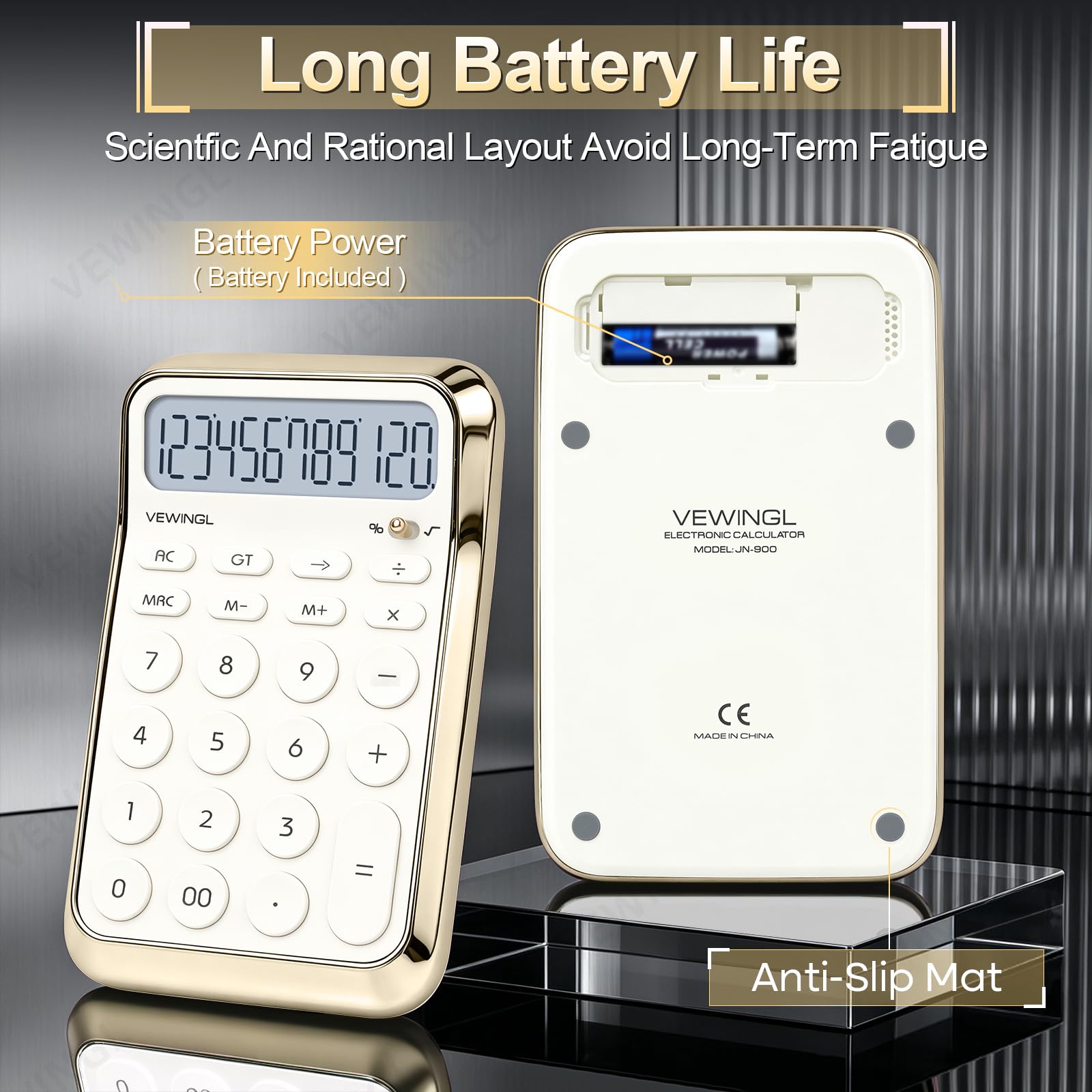 VEWINGL Calculadora de escritorio, pantalla HD de 12 dígitos con % de tecla, superficie metálica chapada al vacío, ideal para oficina, escuela u hogar (blanco galvanizado, sin voz)
