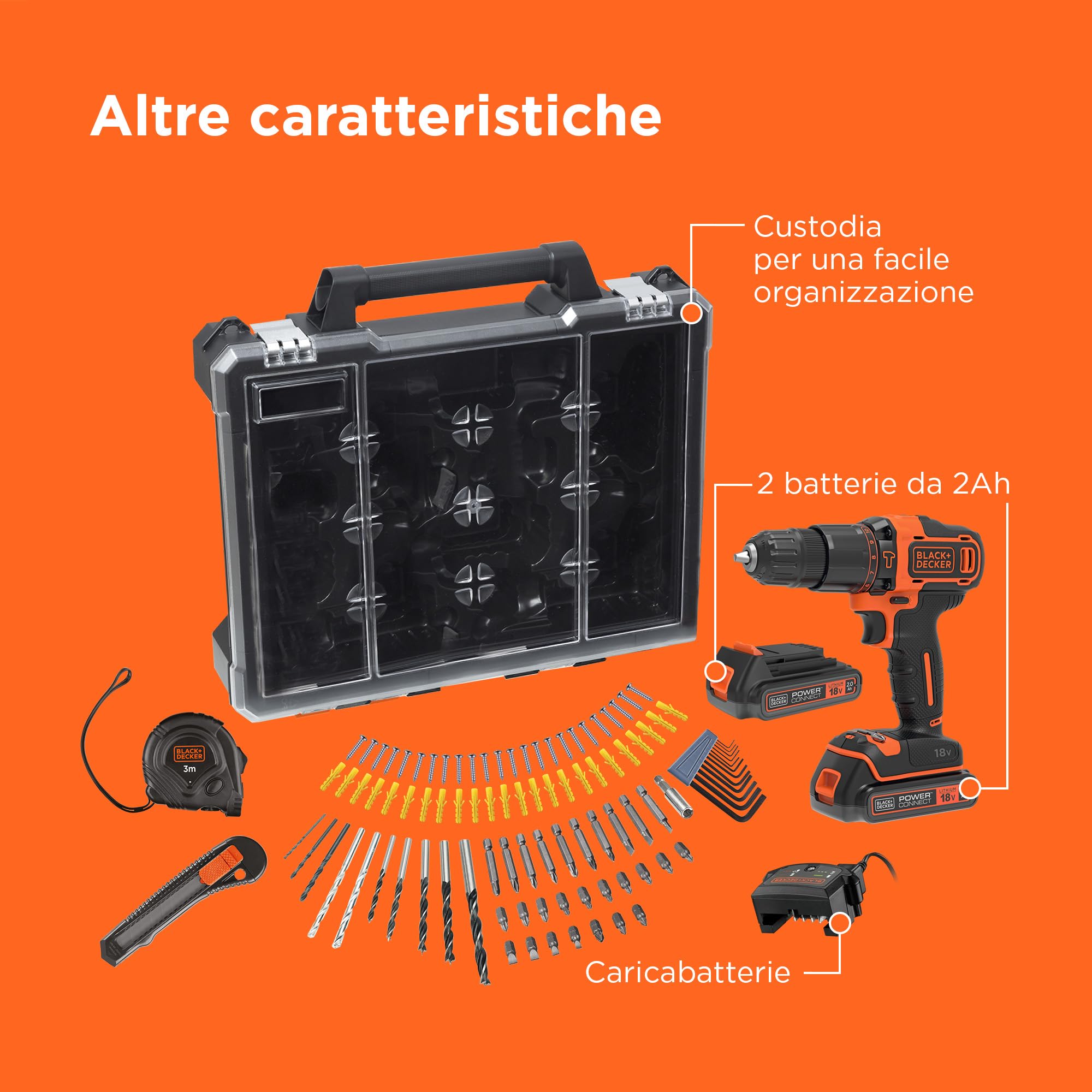 BLACK+DECKER Trapano a percussione da 18V, 2 batterie da 2Ah, caricabatterie da 400mA, 100 accessori, custodia, BDCHD18D2AB-QW