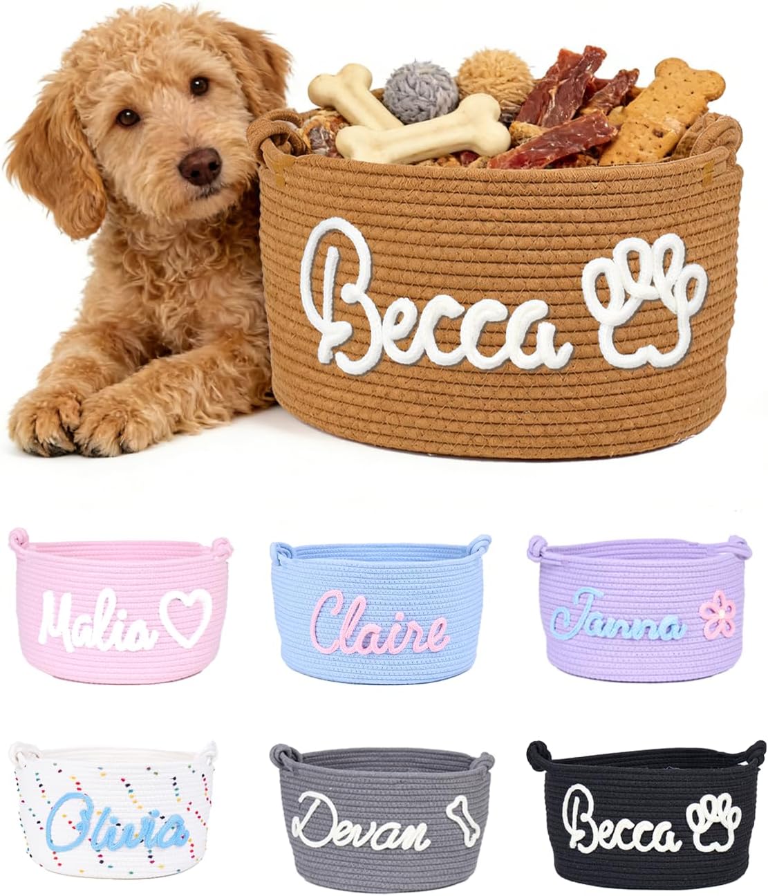 Personalized Dog Cat Toy Basket with Embroidery Name, Customized Puppy & Kitten Toy Storage Bins, Cute Handmade Cotton Rope Organizer for Snacks, Pet Supplies, Easter Birthday Gifts Basket for Pets