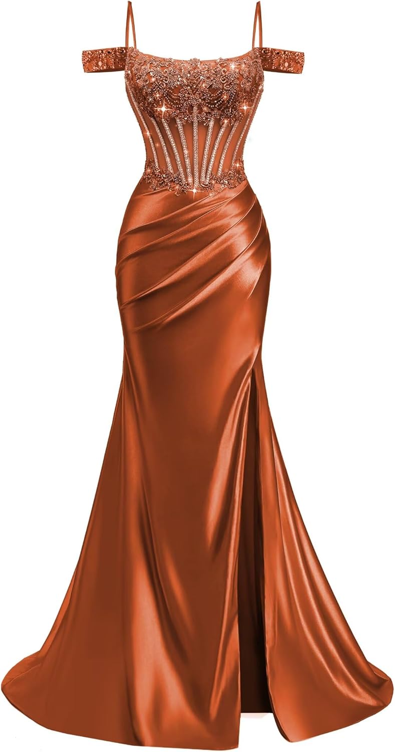MYDRESS Off The Shoulder Mermaid Prom Dresses with Slit 2026 Satin Pleated Long Formal Dress for Women
