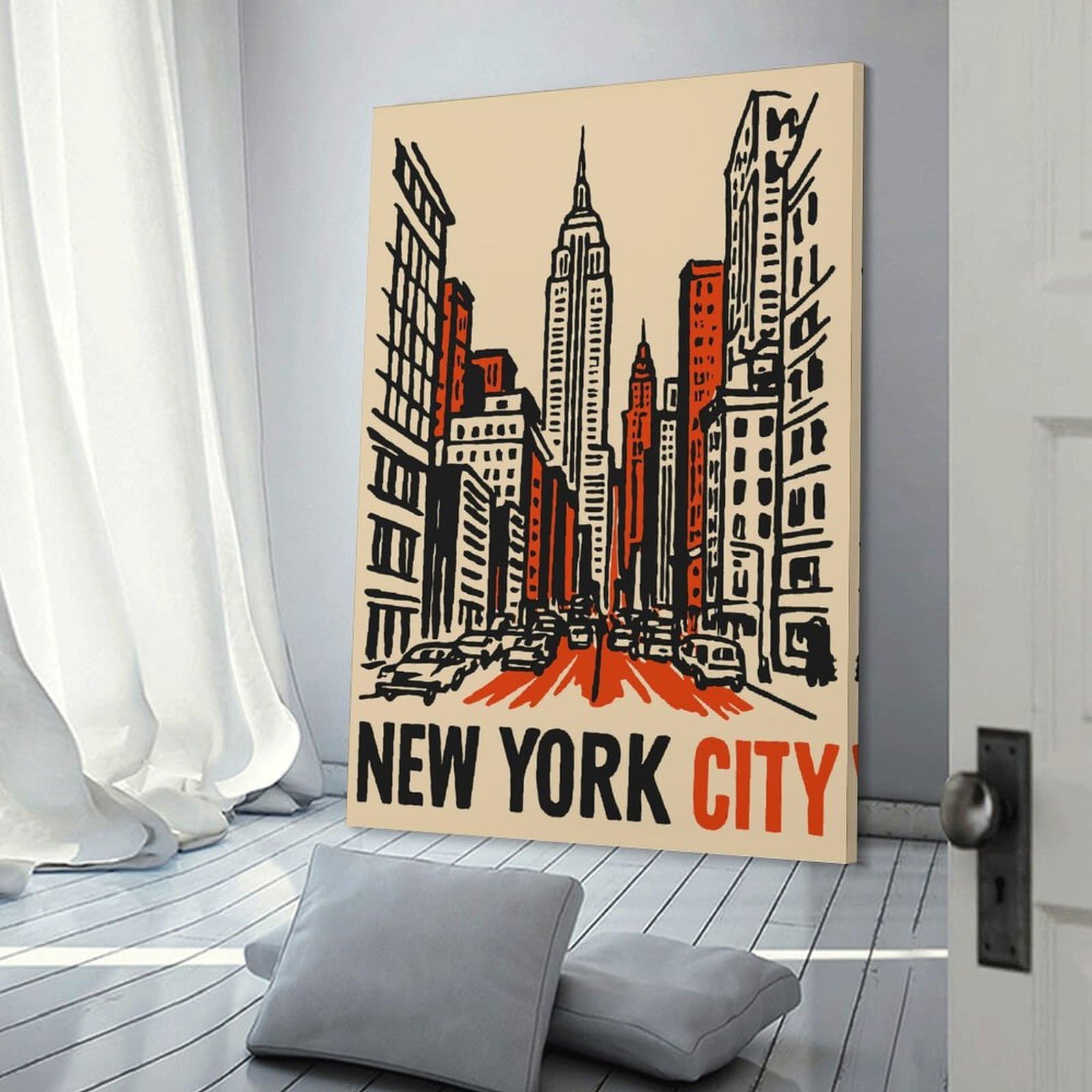 Junmoney Canvas Wall Decor New York City Skyline with Cars, 24x36inch(60x90cm), for Gallery Wall Layouts in Home Or Office, Home Wall Art for Statement Displays