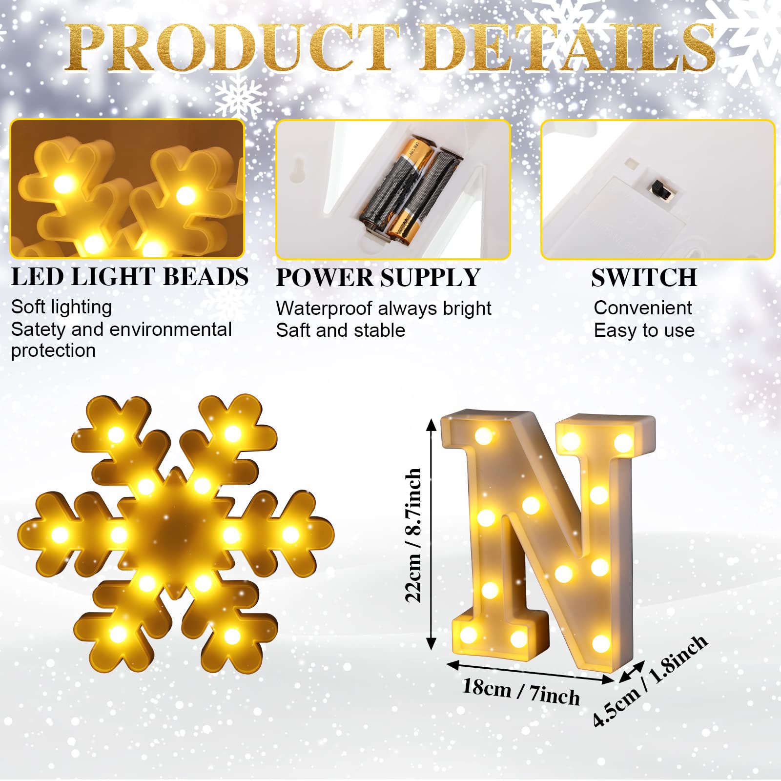 Macarrie Christmas Lighted Snow Table Runner LED Snow Marquee Letter Lights Sign Snowflake Lights Blue and White Plastic Glitter Snowflake Ornaments Set for Winter Xmas Decorations(Warm White)