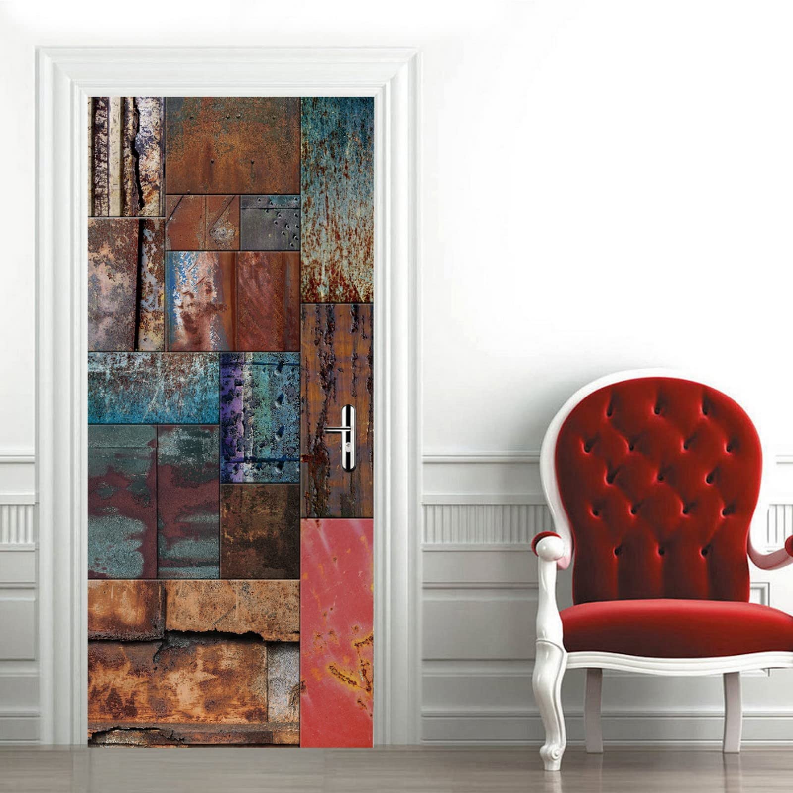 A.Monamour Adesivo Porta Autoadesiva 3D Fondo Rustico Della Parete Della Vernice Variopinta Della Porta Del Metallo Del Grunge Vinile PVC Adesivi per Porte Interne Pellicola Poster Sticker Parete