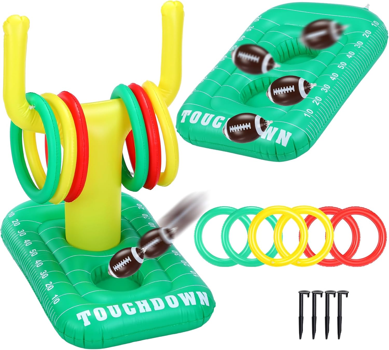 Civaner 2-in-1 Football Pool Cornhole Games Set for Adults, Inflatable Bean Bag Toss & Goal Post Game, Football Swimming Pool Game Toy for Family Water Floating Beach Yard 5 Bean 6 Ring