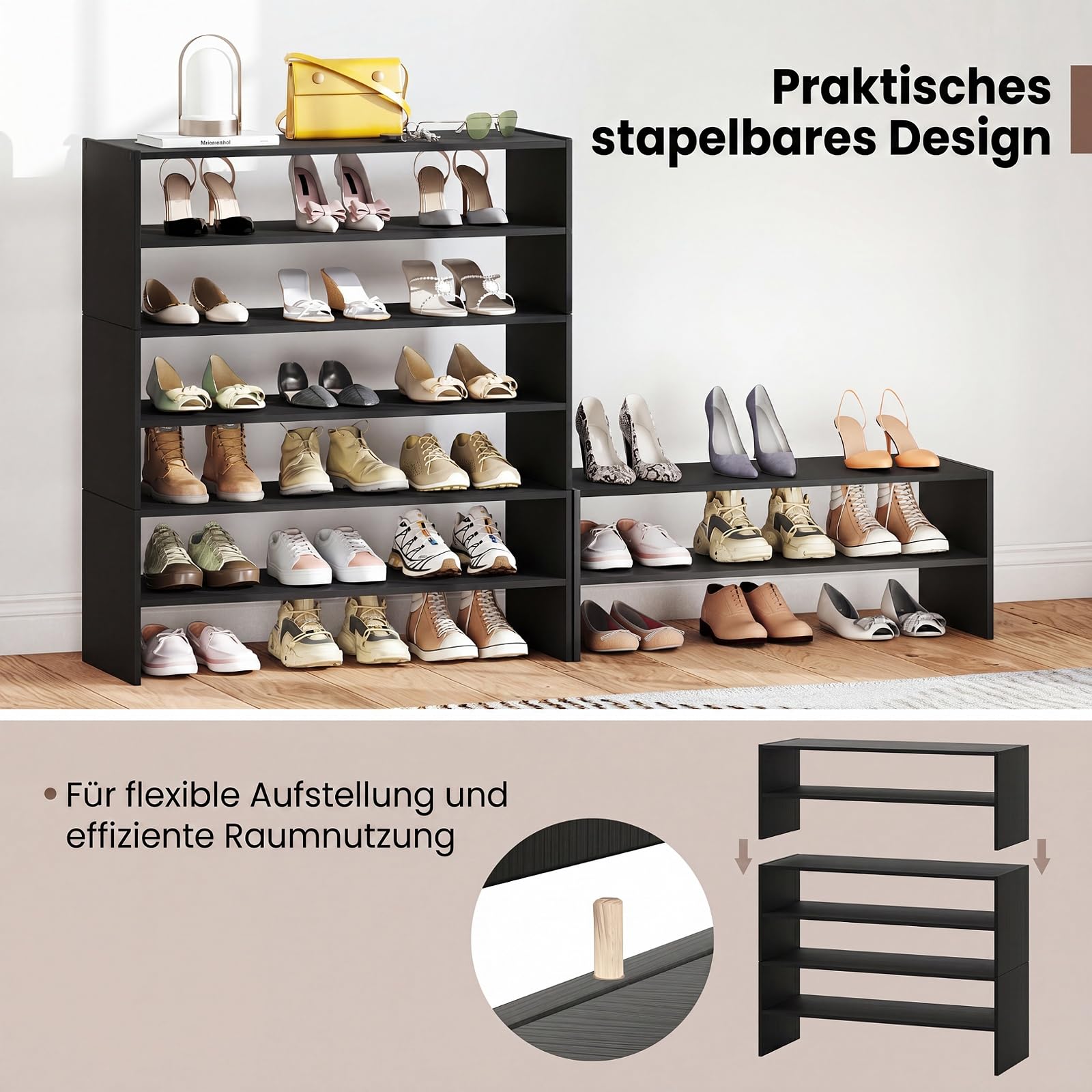 COSTWAY Schuhregal stapelbar Holz, Schuhorganizer Freikombination (Schwarz) | 6 stufiges Holzschuhregal mit Anti-Kipp-Vorrichtung, Moderner Schuhturm freistehend für Schlafzimmer, Flur, Eingangsbereich