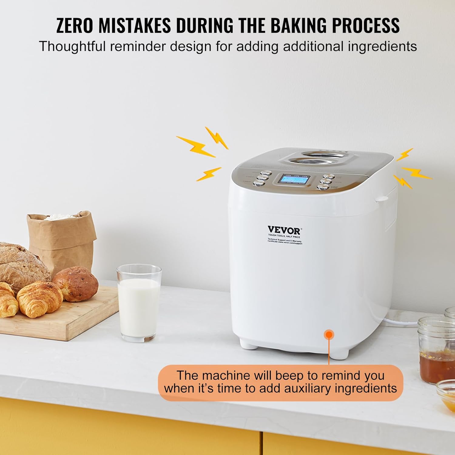 Bread maker on a kitchen counter with a text bubble indicating a beep reminder for adding ingredients