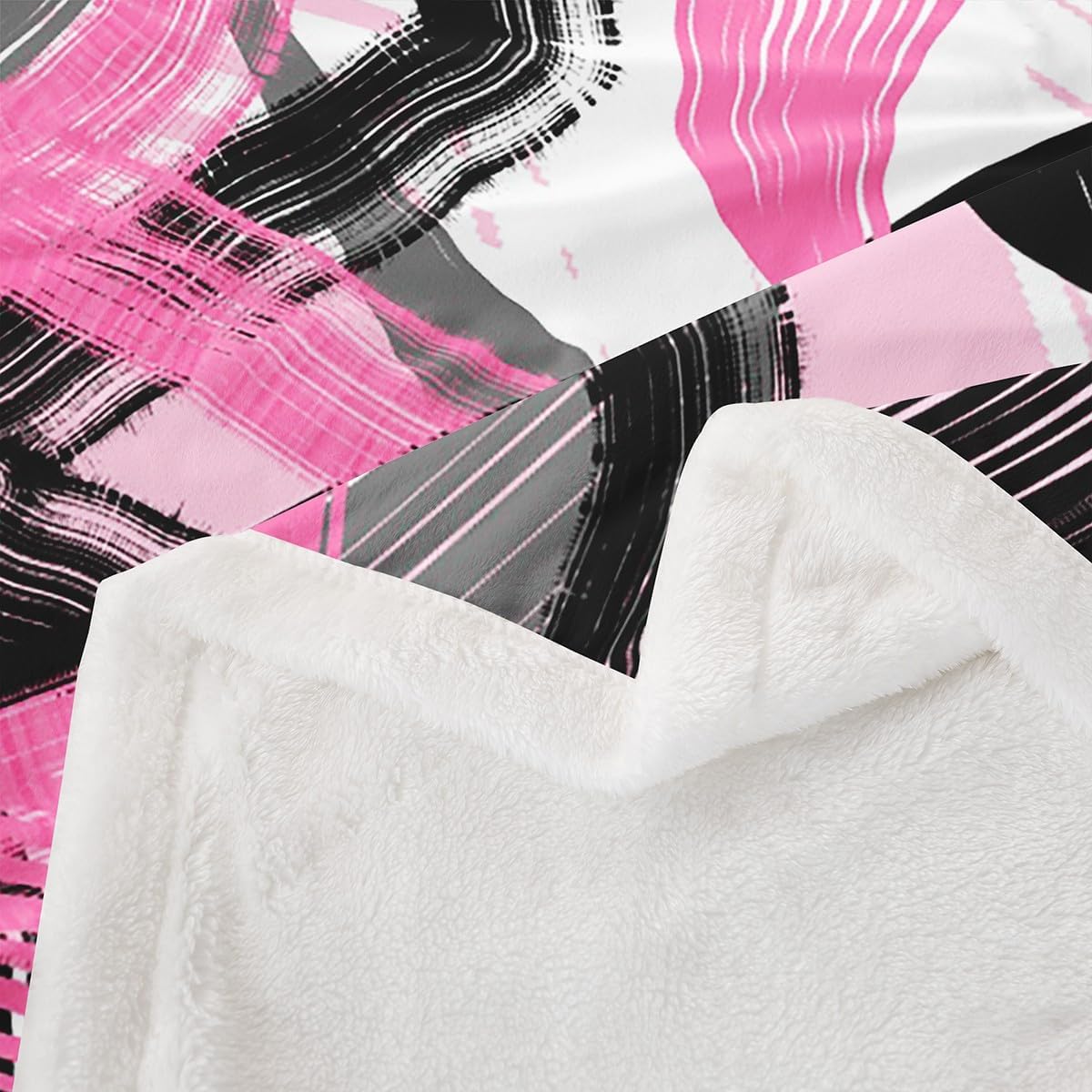 Feelyou Hot Pink Grey Black Sherpa Blanket Twin 60"x80" Abstract Fleece Throw Blanket for Bed Sofa Couch Kids Boys Girls Decor Geometric Plush Blanket Stripe Modern Art Fuzzy Blanket Bedroom
