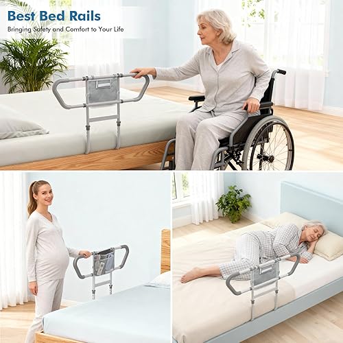 Miniatura 5 de Rieles de cama para adultos mayores Rieles de asistencia de cabecera ajustables con bolsillos de almacenamiento, asas antideslizantes, luz con