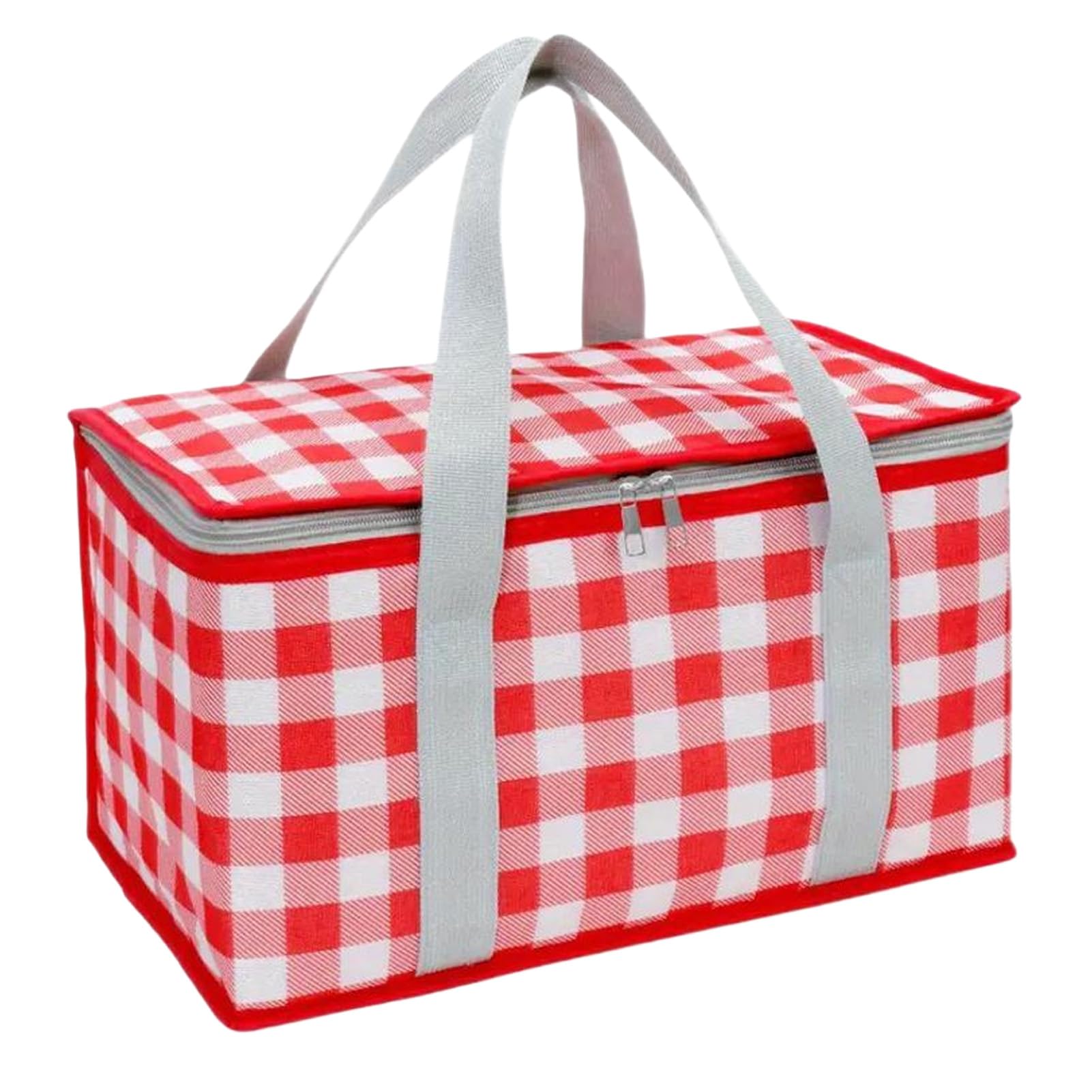 Rikuuui Insulated Picnic Bag Foldable Thermal Lunch Basket for Outdoor Camping Large Waterproof Cooler Carrier with Reinforced Aluminum Frame and Shoulder Strap 43x23x23.5cm PlaidRed