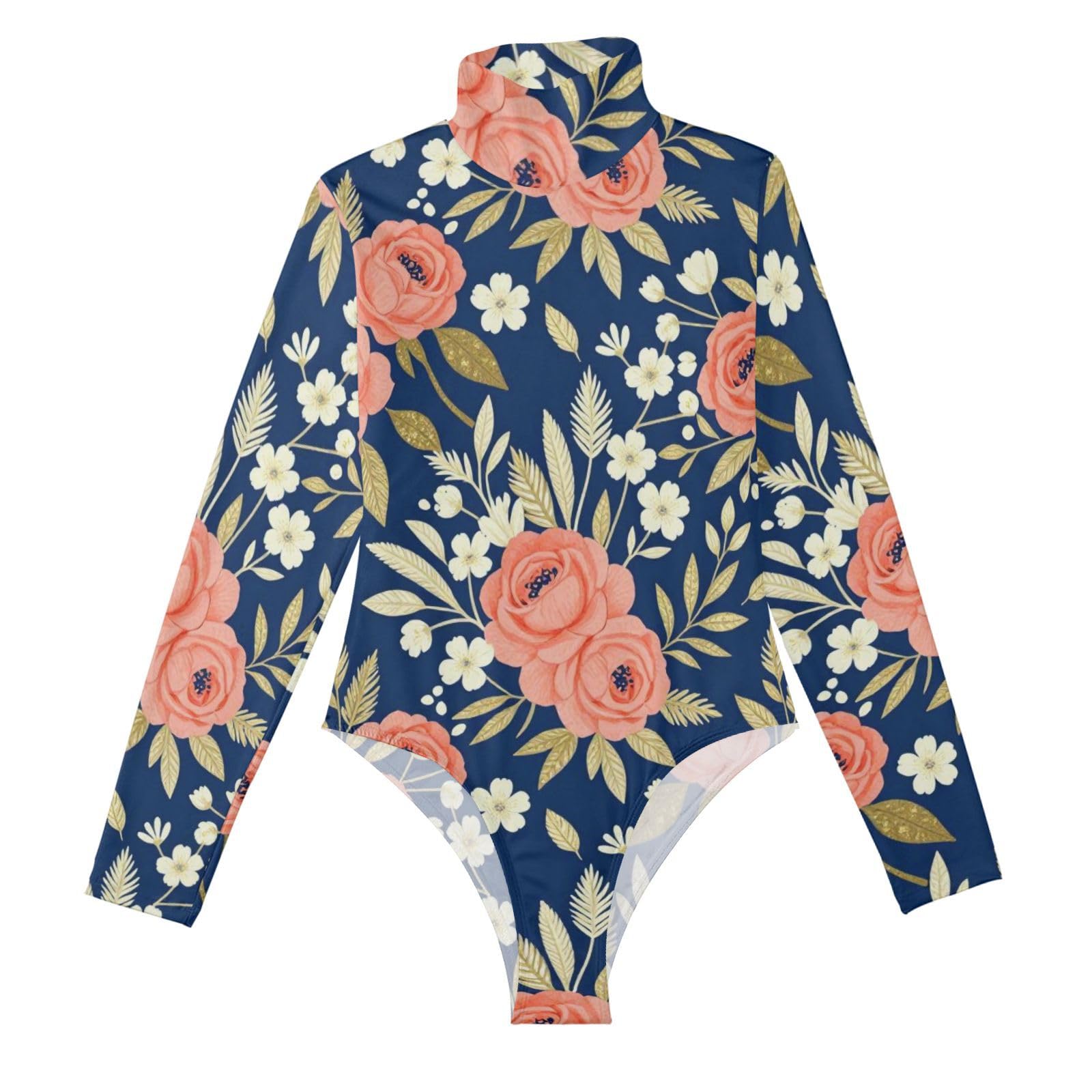 Corsé de manga larga para mujer GuoChe body azul marino eotard cuello alto sutil 8