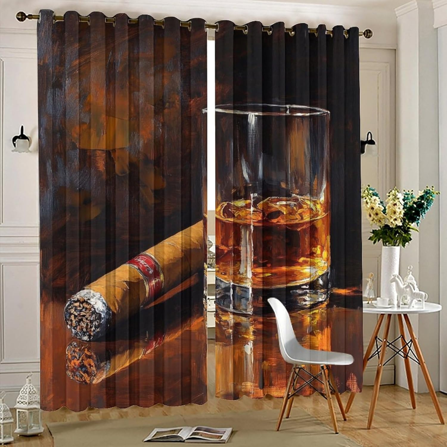 Vintage Whiskey Glass Grommet Blackout Curtains for Bedroom, Cigar Rustic Oil Painting Thermal Insulated Curtains Room Darkening Window Drapes, 36W x 63L, 2 Panels