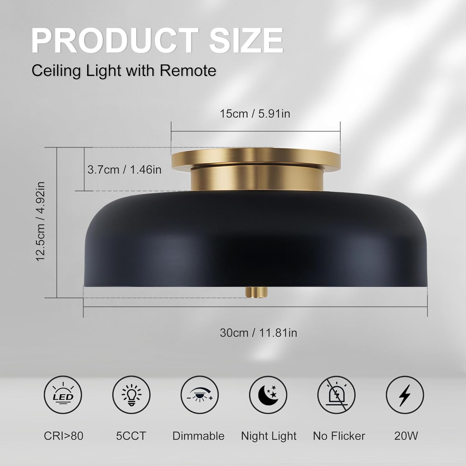 FTL Modern LED Flush Mount Ceiling Light with Remote Dimmable Black Semi Flush Mount Light Fixture 5CCT 2700K-6500K Mid Century Close to Ceiling Lamp for Kitchen, Bathroom, Hallway, Laundry Room