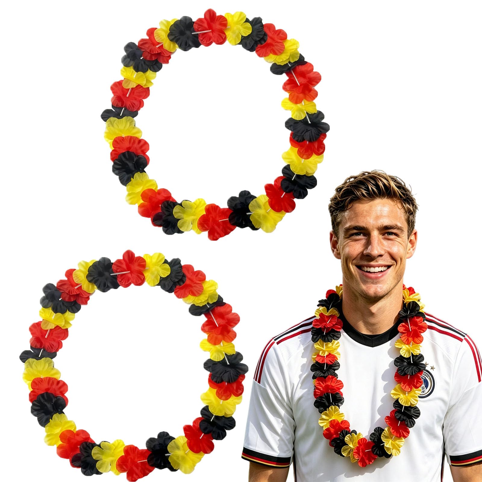 Pack of 2 Germany Fan Item Flower Chain, Germany Flag Garlands with Black, Red, Yellow, 108 cm Hawaiian Chain for Football Parties, Football Party Decoration for World Cup 2026, Football Lovers