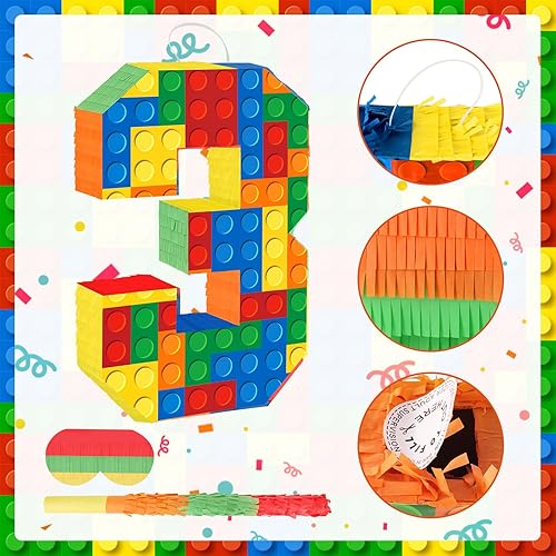 Miniatura 6 de Decoraciones de fiesta de cumpleaños de bloques de construcción para el tercer cumpleaños Número 3 Piñata con palo de piñata y venda para los ojos