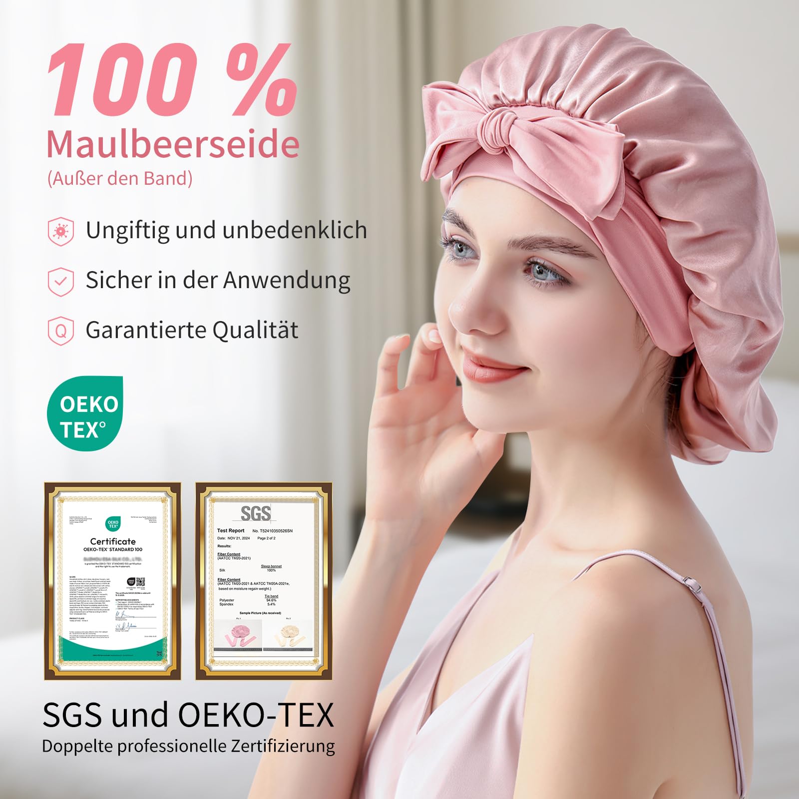 Seidenhaube zum Schlafen, Schlafhaube Seide aus 100% Maulbeerseide, 22 Momme Bonnet Seide Doppellagig & Wendbar, Anti Frizz Haarschutz für Alle Haartypen