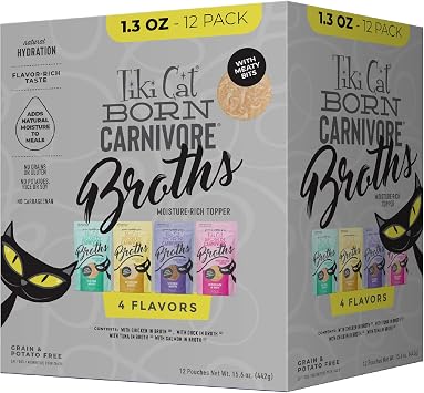 Tiki Cat Born Carnivore Broths Wet Cat Food Toppers, Variety Pack, 1.3 oz. Pouch 12 Count