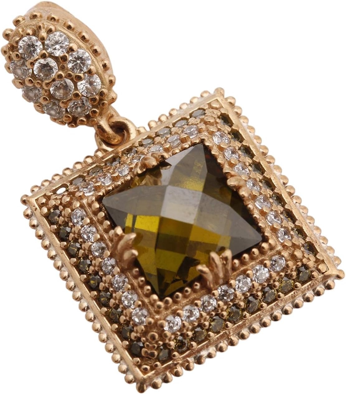 Turkish Handmade Jewelry Square Shape Princess Cut Peridot and Round Cut Topaz 925 Sterling Silver and Bronze Pendants