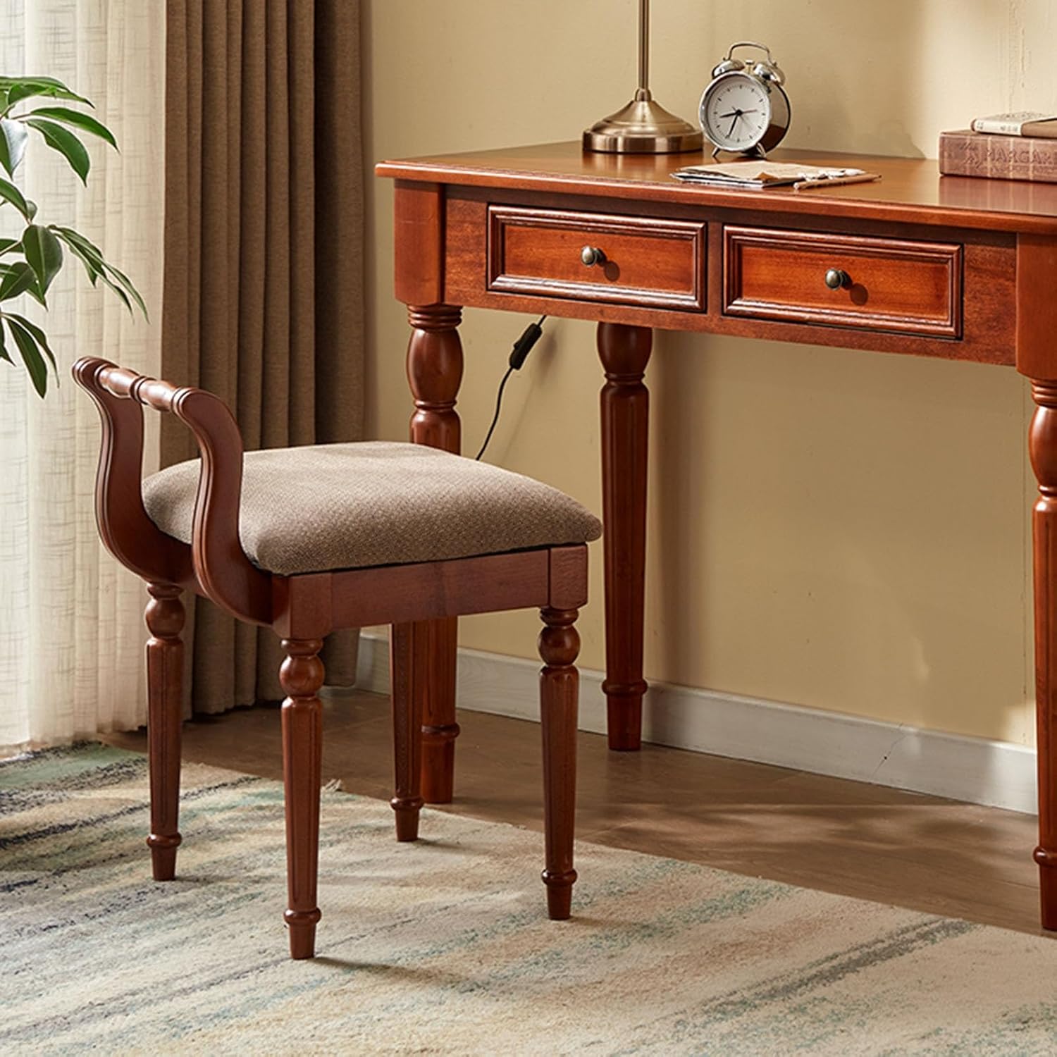 Retro Vanity Stool with Solid Wood Legs Elegant and Comfortable Padded Makeup Chair for Women 240 Lb Capacity Walnut Leg Color No Backrest