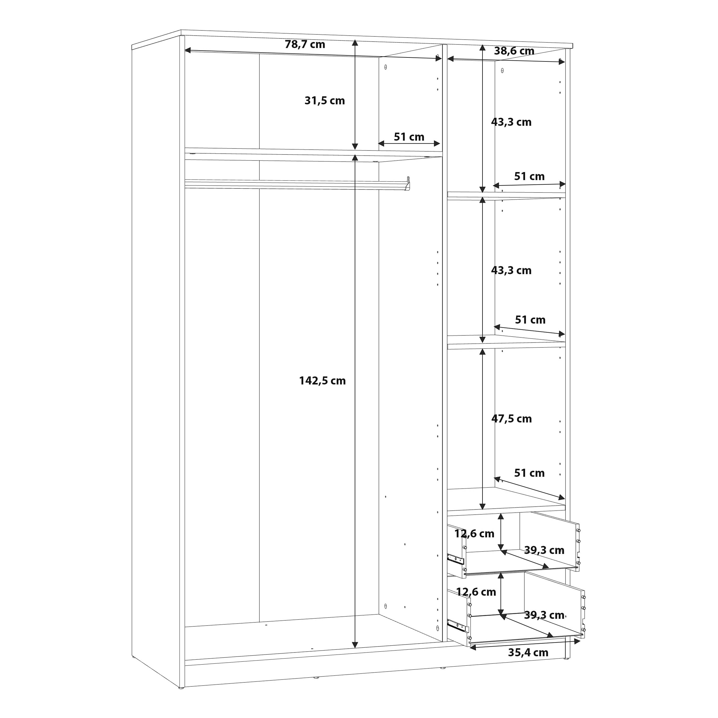 FORTE NIKO Kleiderschrank 122, Schrank im Scandi-Stil mit 3 Türen und 2 Schubladen, Holzwerkstoff, Artisan Eiche Dekor, 122 cm breit, 185 cm hoch, 52,7 cm tief