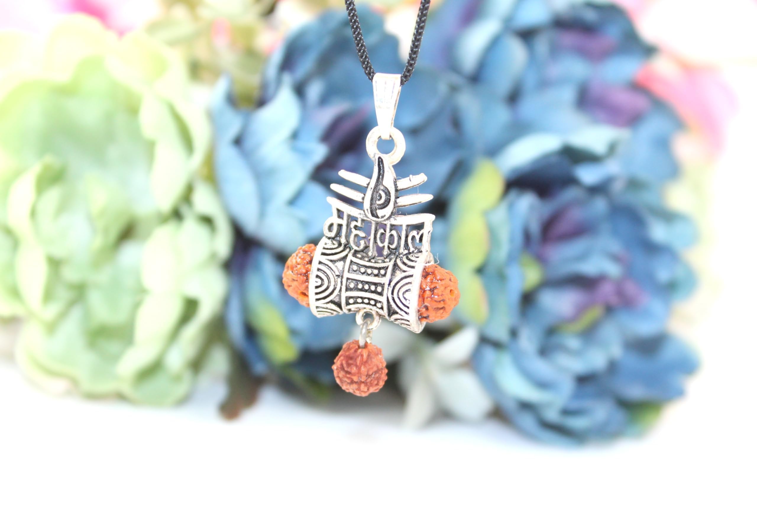 Hijet Colgante de plata oxodizada Om Damru Rudraksha Mahakal para niños y hombres o mujeres para buena suerte buena riqueza bendiciones