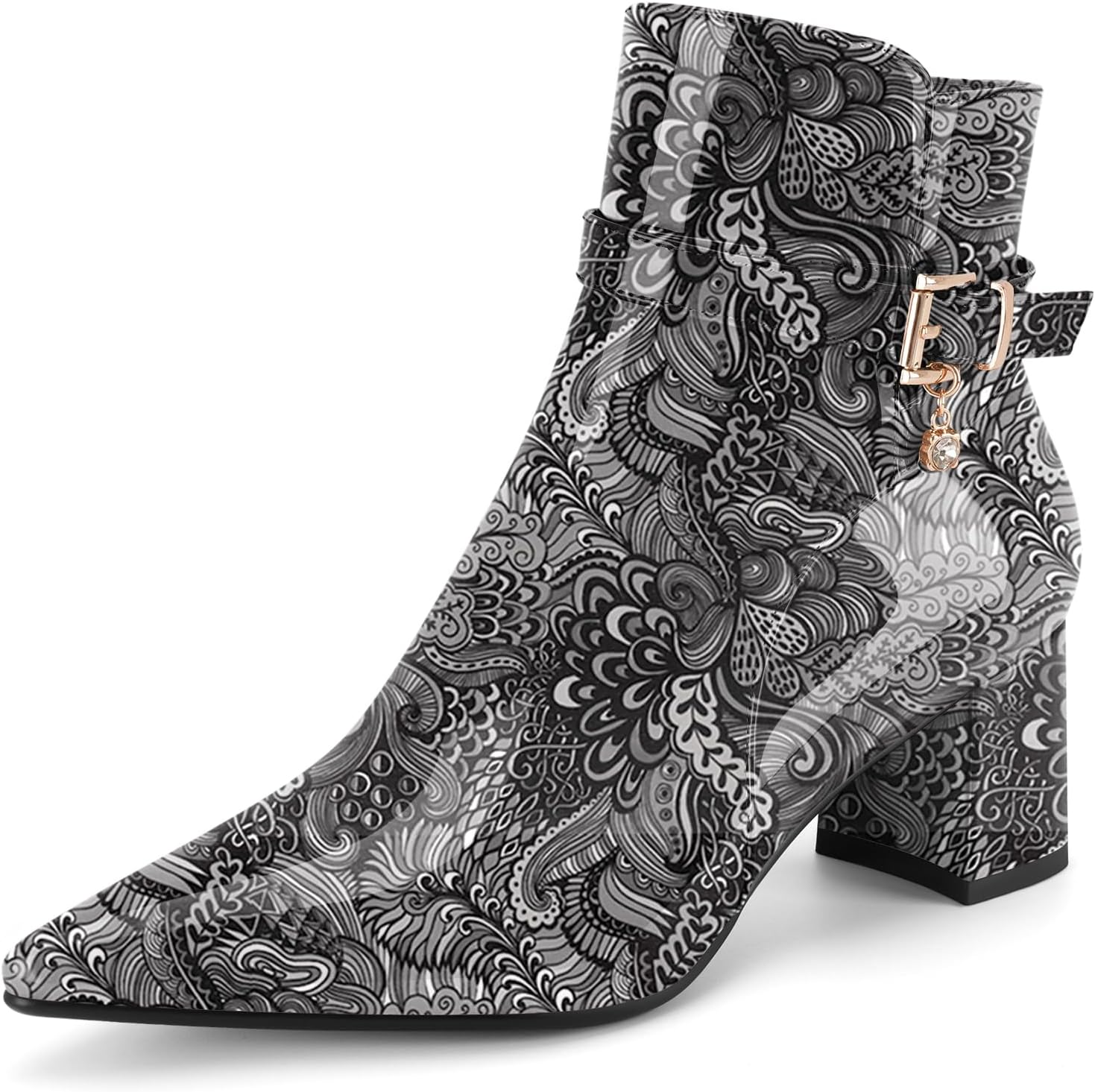 Women's Fashion Leather Chunky Ankle Boots Multi Strap Sparkly Rhinestone Pointed Toe Heeled Booties