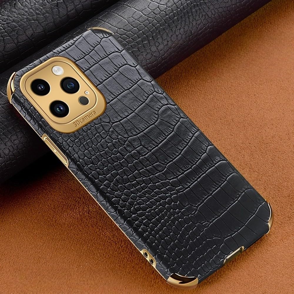 Funda de Silicona con Revestimiento de Piel y patrón de cocodrilo para iPhone 17, 16e, 15, 14, 13, 12, 11 Pro MAX y 16 Plus/Mini. Color Negro. También Disponible para iPhone 14 Pro.