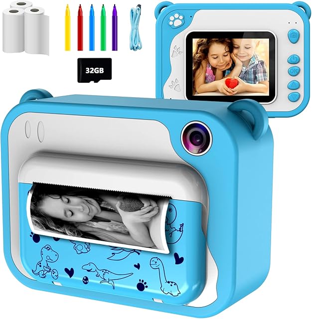 Kids Digital Camera,Instant Print Cameras for Boys Girls,2.0 Inch Screen,1080P Print Camera with 32GB Memory Card, 5 Color Pens,3 rolls of printing papers, Children Mini Rechargeable Toy(Blue)
