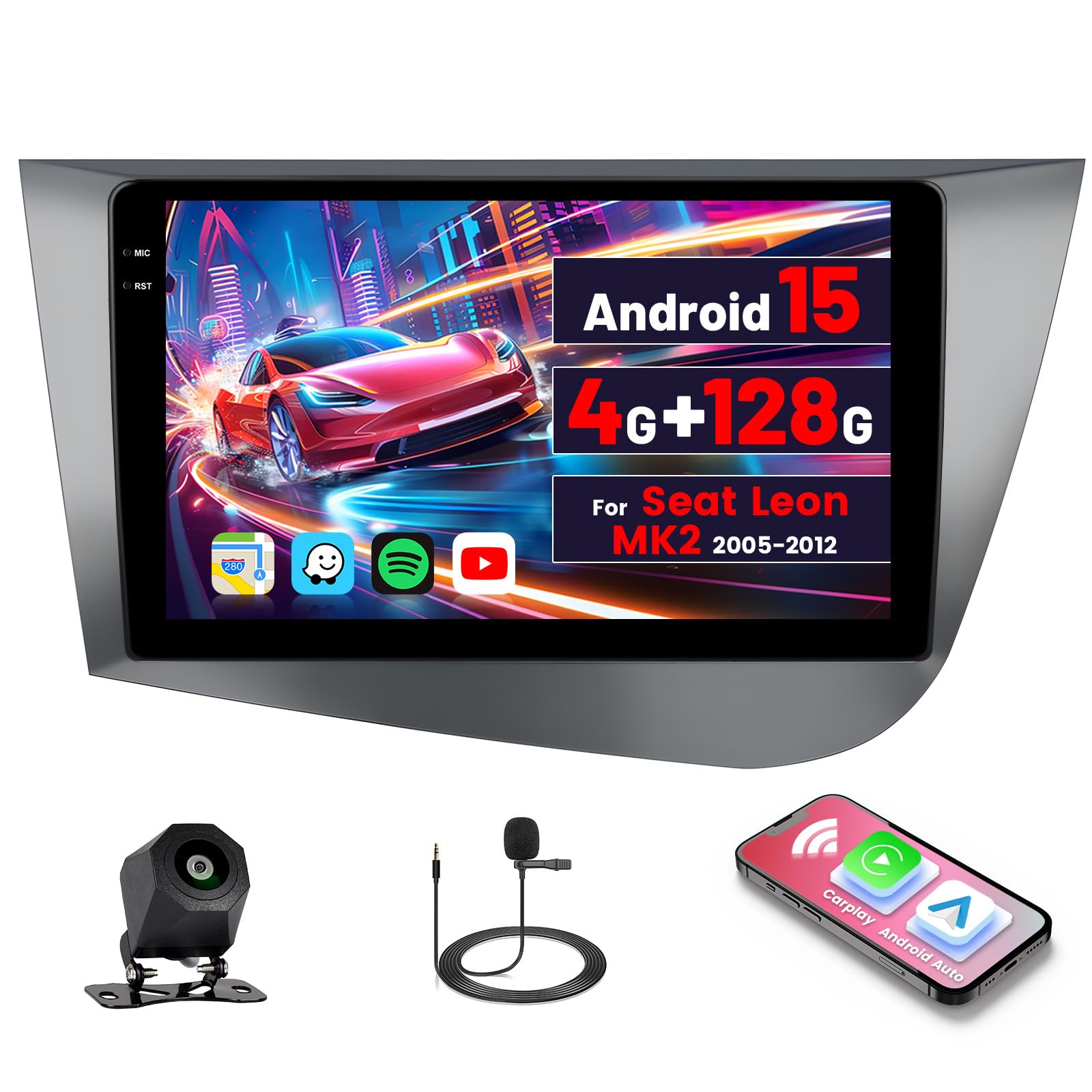 [4G+128G]Inefala Android 15 Autoradio per Seat Leon MK2 2005-2012 con Wireless Carplay Android Auto, 9 Pollici Touchscreen Stereo Auto Bluetooth con Navi GPS WiFi RDS/FM SWC Retrocamera Mic