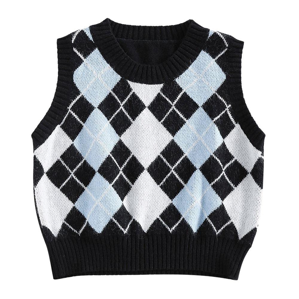 ZAFULWomen's Pullover Argyle Plaid Sweater Vest Houndstooth Knitted Sleeveless Sweater Preppy Style Vintage Knitwear Top
