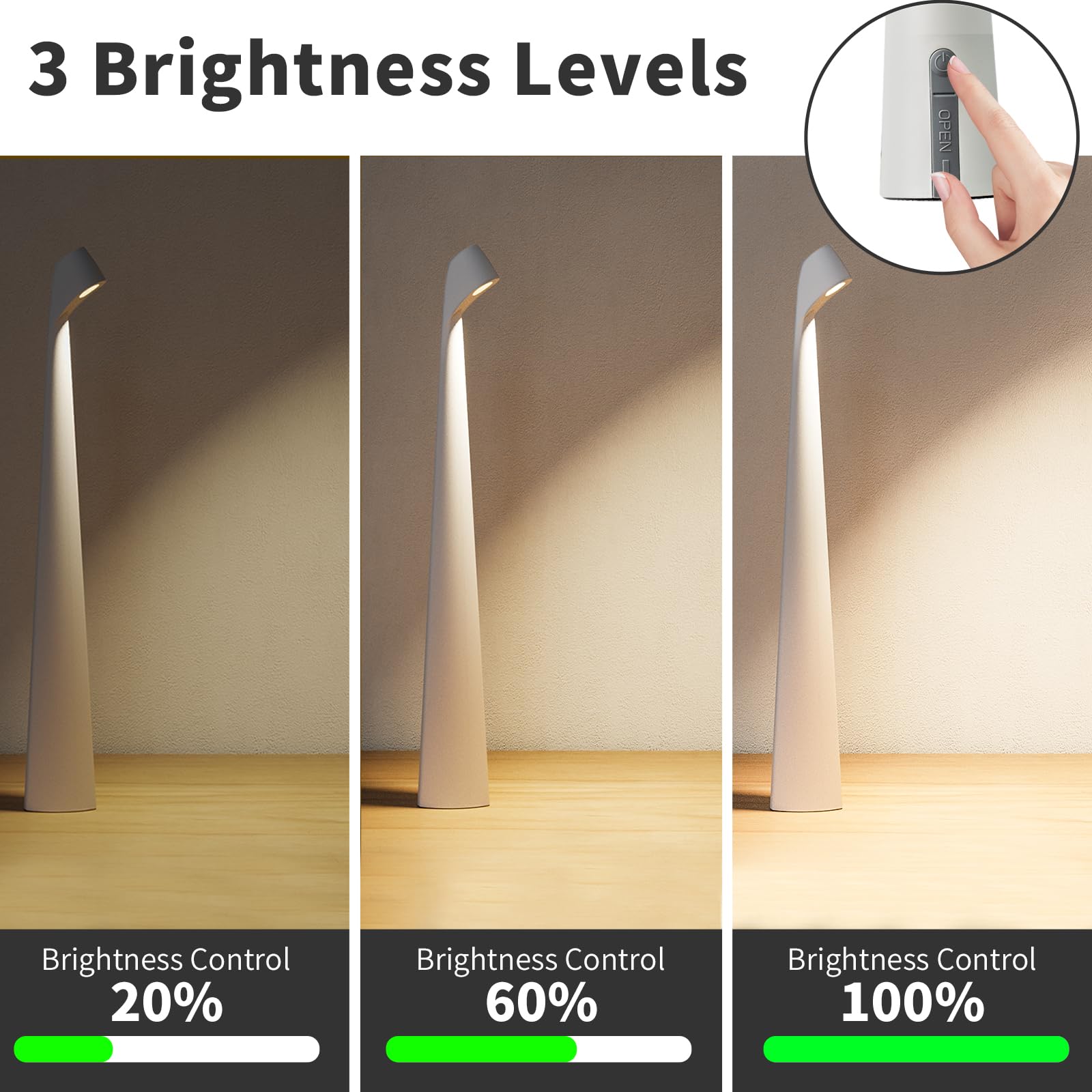 HAPYGI Lámpara de escritorio LED inalámbrica portátil, lámpara de mesa inalámbrica recargable, brillo de 3 niveles, lámpara de mesa de patio, luz nocturna de noche, luz ambiental de comedor, luz de